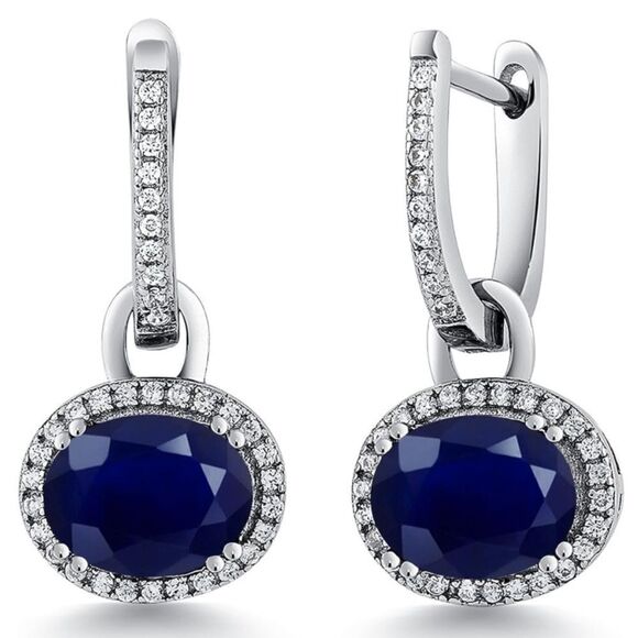 925 Sterling Silver with 5.84 Cttw Navy Blue Sapphire Oval Dangling Earrings